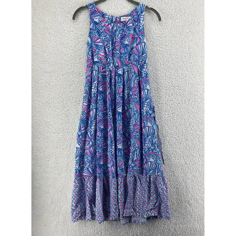 Lilly Pulitzer For Target Girl's Maxi Dress My Fans Blue Pink Size Large Coastal